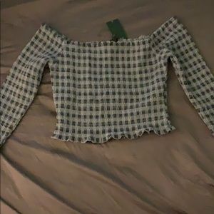 Blue long sleeve off the shoulder crop top